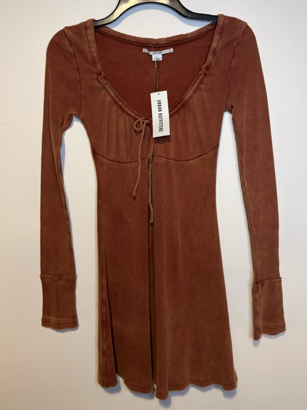 NEW URBAN OUTFITTERS Pretty As A Portrait Long Sleeve Mini Dress Brown Sz Small - Picture 2 of 7